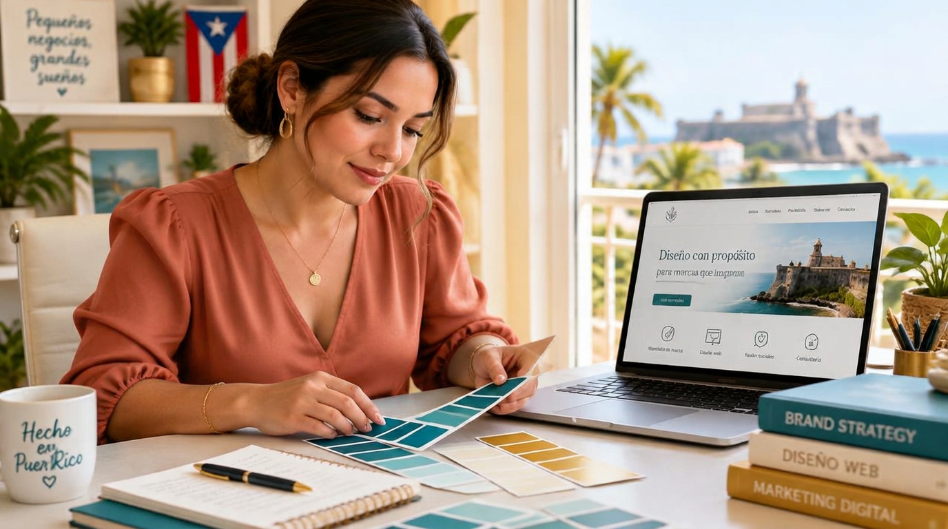 Empresaria en Puerto Rico escogiendo muestras de colores para la página web de su negocio