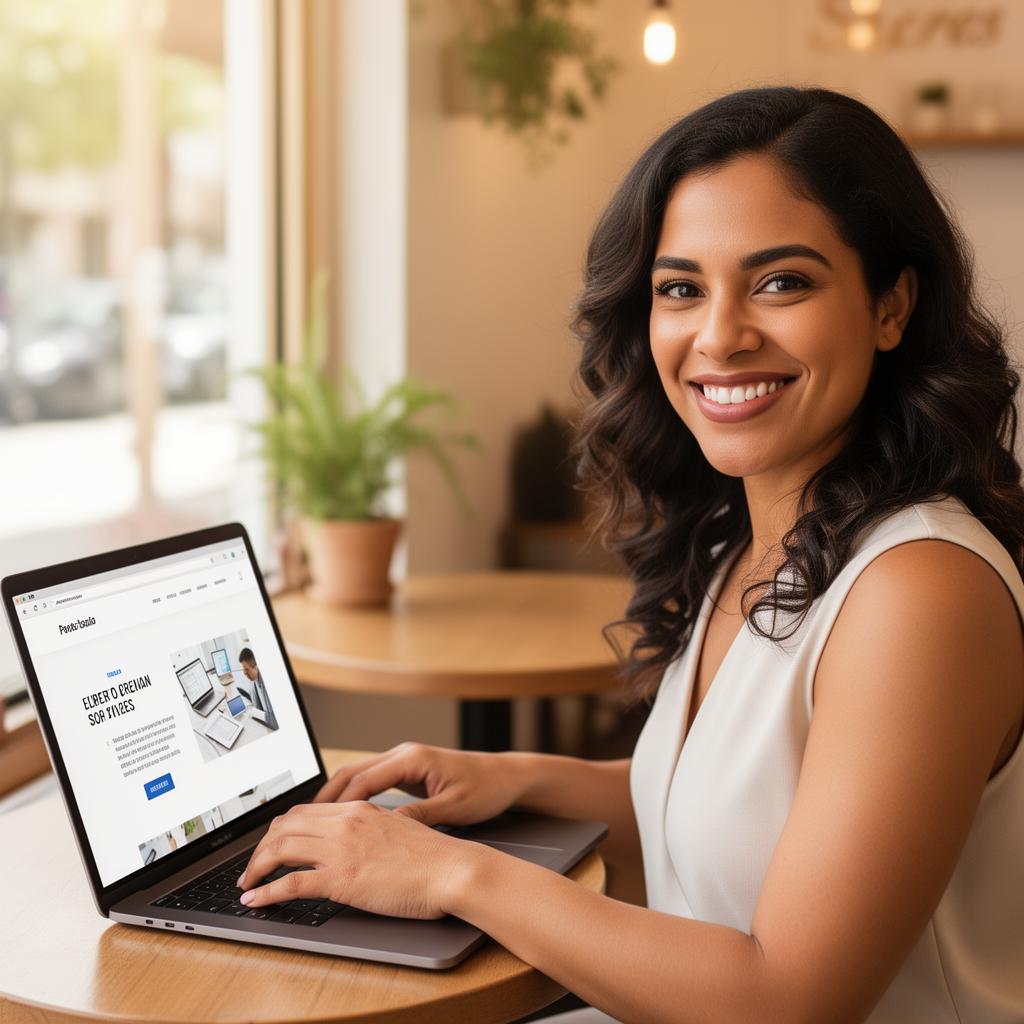 Emprendedora boricua sonriente revisando su página web profesional en la laptop desde un café en Puerto Rico
