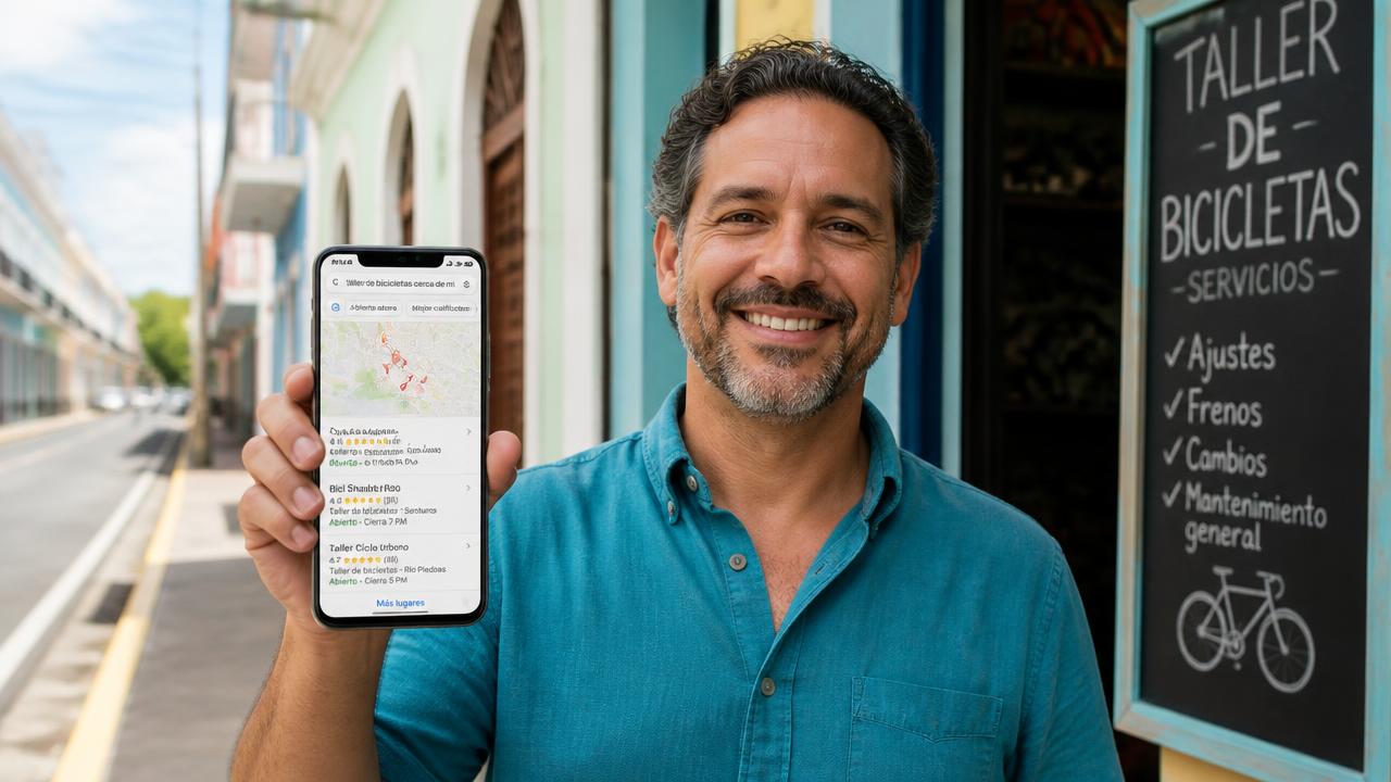 Dueño de negocio en Puerto Rico mostrando en su celular los resultados del mapa de Google con negocios locales cercanos