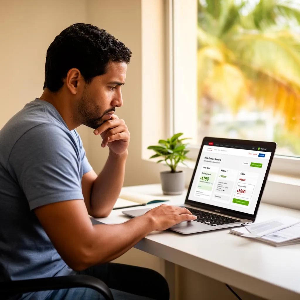 Empresario en Puerto Rico revisando precios de páginas web en su laptop