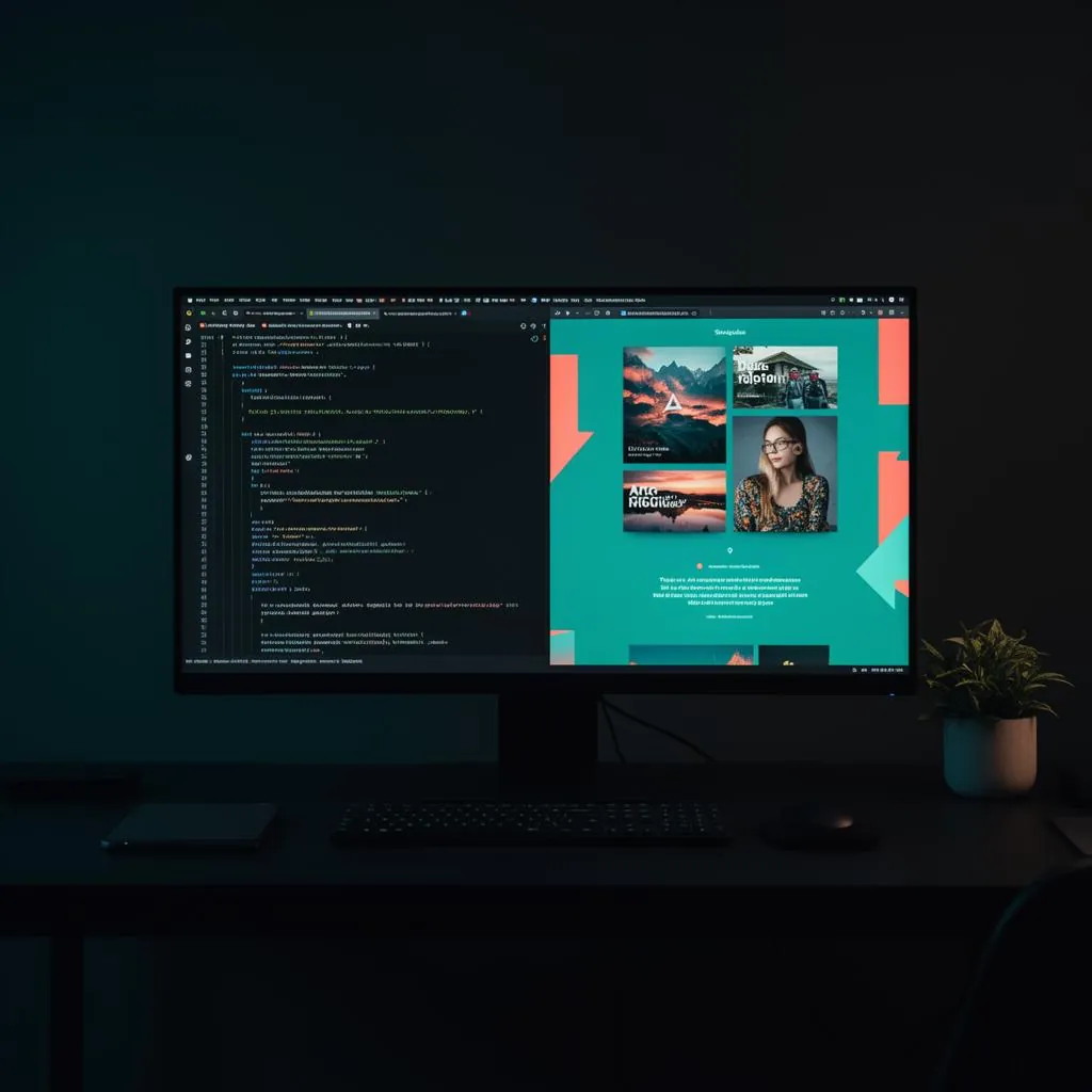 Tecnología avanzada construyendo una página web moderna con engranajes y código